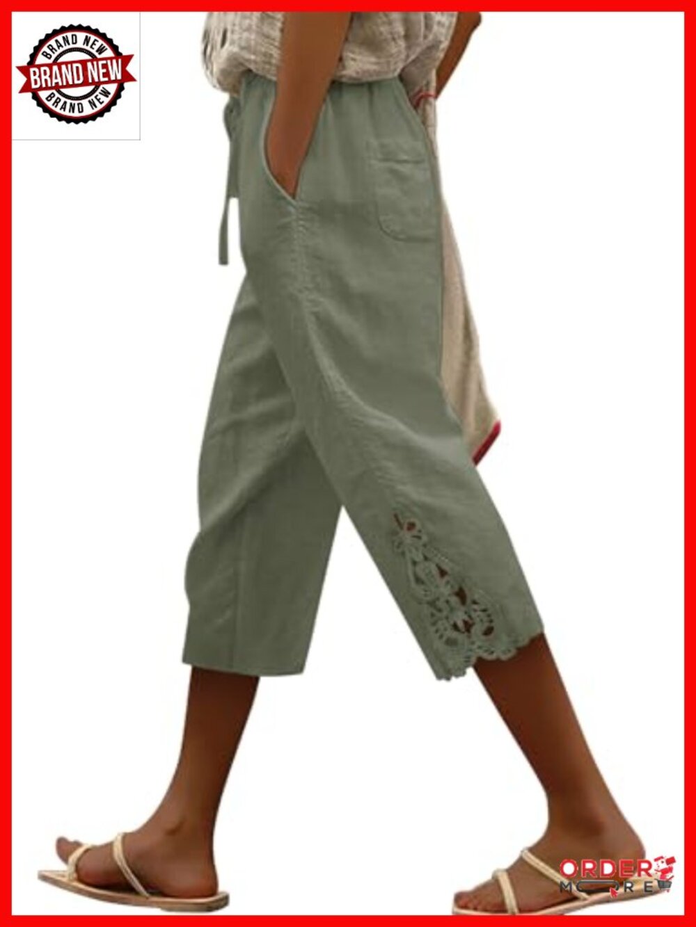Womens Casual Cotton Linen Capri Pants Lightweight Drawstring Elastic Waist